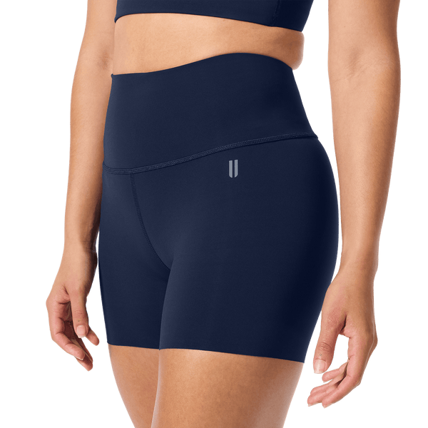 Women's Night Navy High-Rise Drive Short 4" Front Detail Angle.