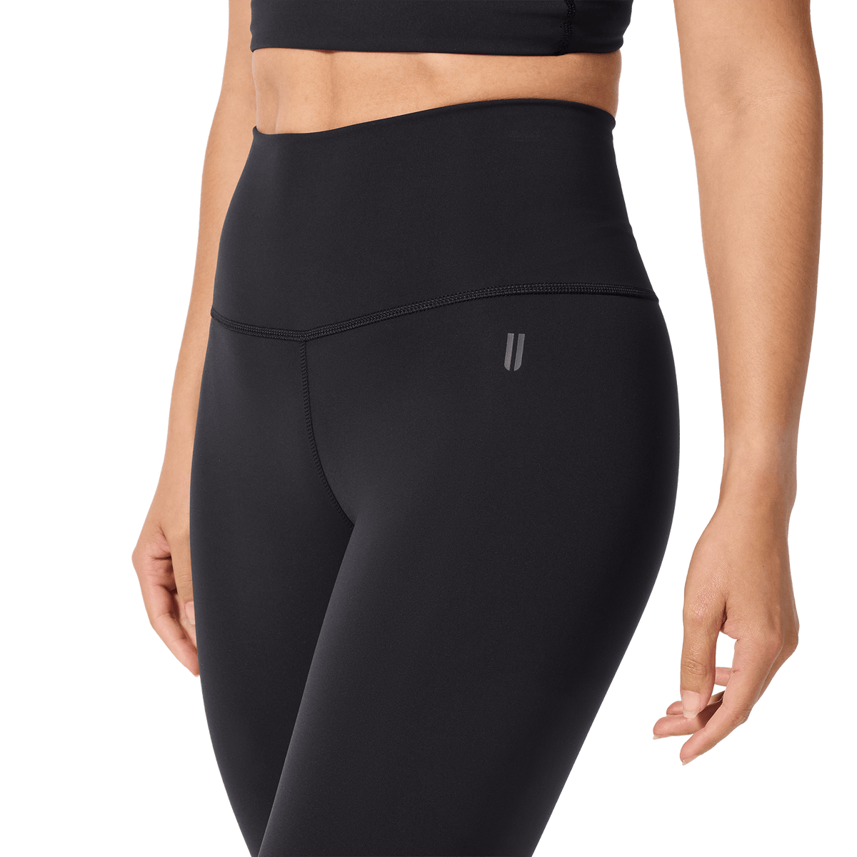 Women's Black High-Rise Drive Tight 25" Front Detail Angle.