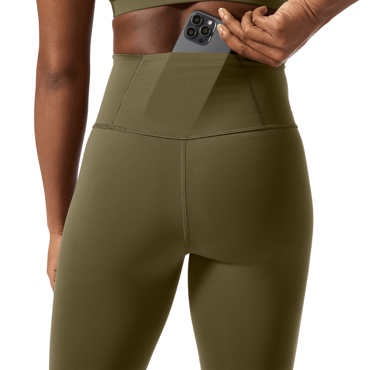 Women's Tactical Green High-Rise Drive Tight 25" Back Pocket Detail Angle.