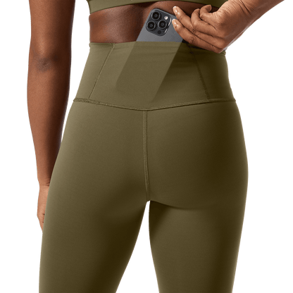 Women's Tactical Green High-Rise Drive Tight 25" Back Pocket Detail Angle.