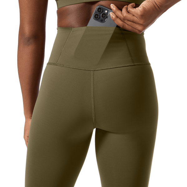Women's Tactical Green High-Rise Drive Tight 25" Back Pocket Detail Angle.