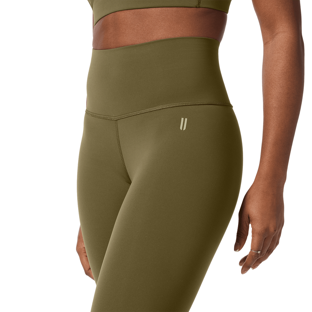 Women's Tactical Green High-Rise Drive Tight 25" Front Detail Angle.