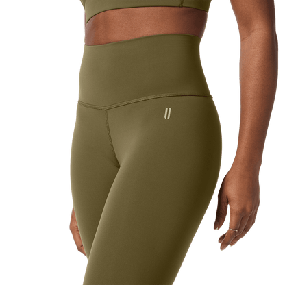 Women's Tactical Green High-Rise Drive Tight 25" Front Detail Angle.