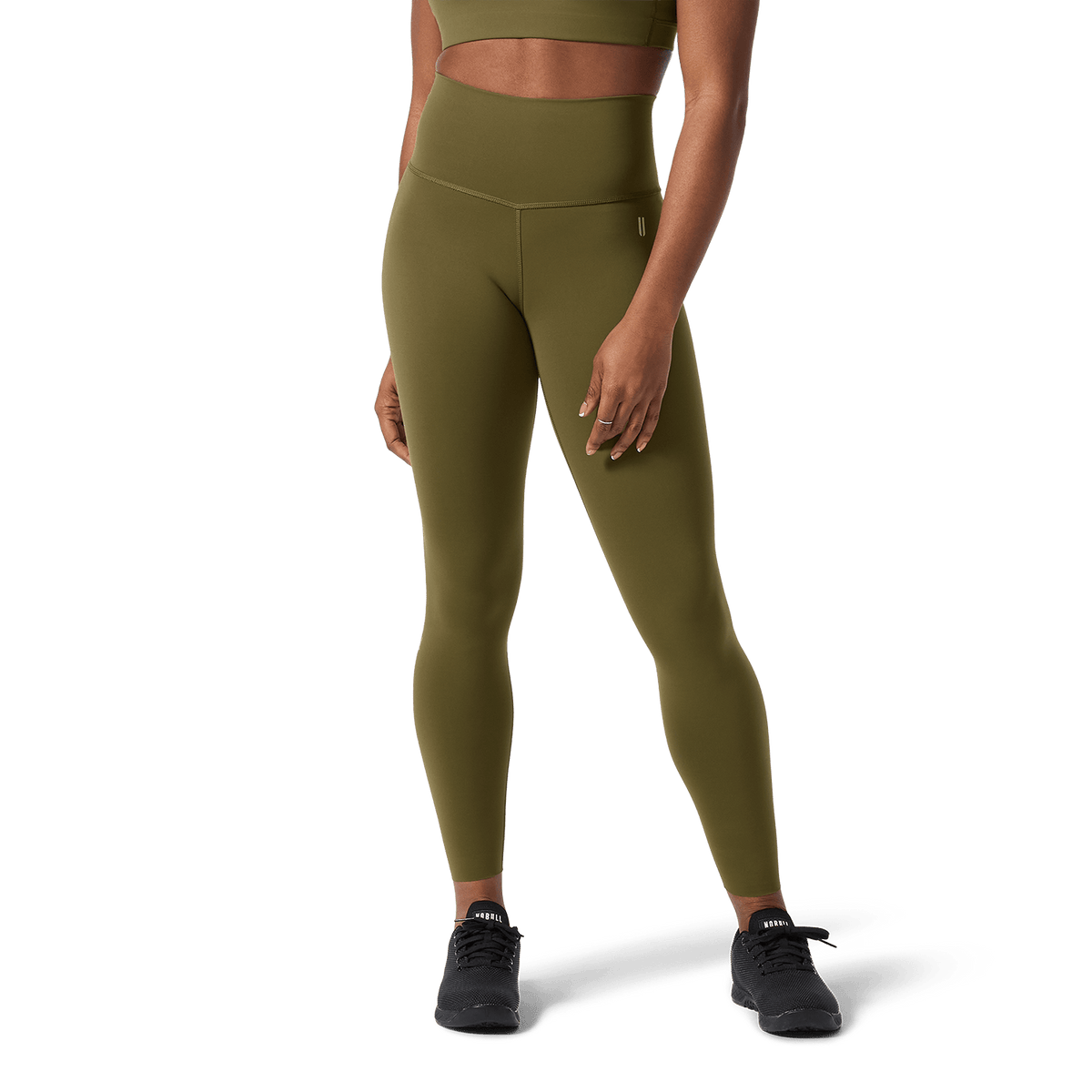 Women's Tactical Green High-Rise Drive Tight 25" Front Lower Body Angle.