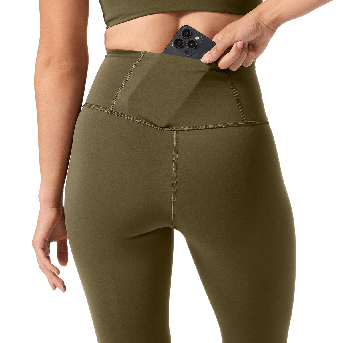 Women's Tactical Green High-Rise Drive Tight 28" Back Pocket Detail Angle.