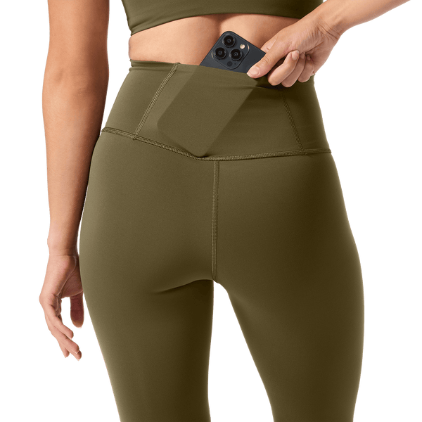 Women's Tactical Green High-Rise Drive Tight 28" Back Pocket Detail Angle.