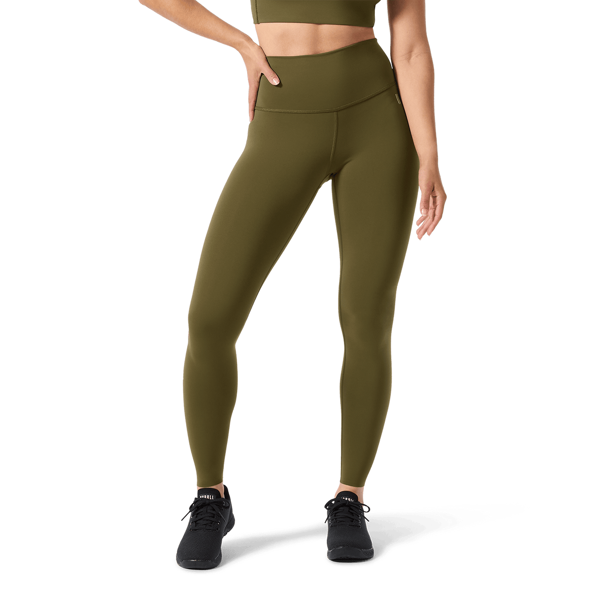 Women's Tactical Green High-Rise Drive Tight 28" Front Lower Body Angle.
