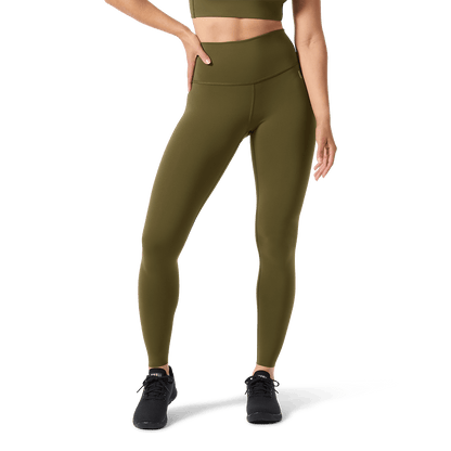 Women's Tactical Green High-Rise Drive Tight 28" Front Lower Body Angle.