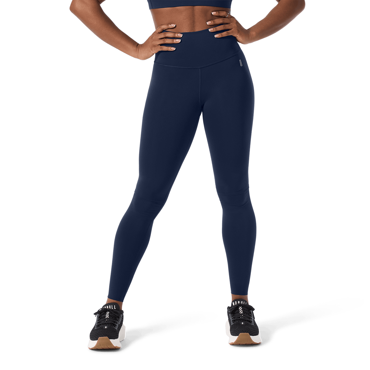 Women's Night Navy High-Rise Drive Tight 28" Front Lower Body Angle.