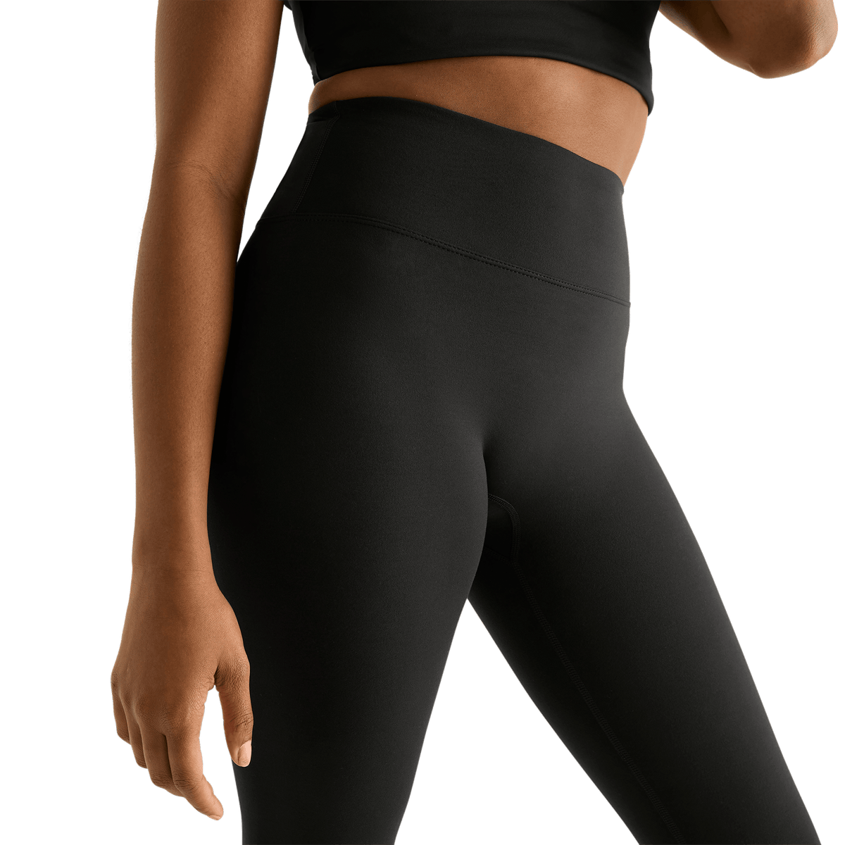 Women's Black High-Rise Matte Tight 28" Front Detail Angle.