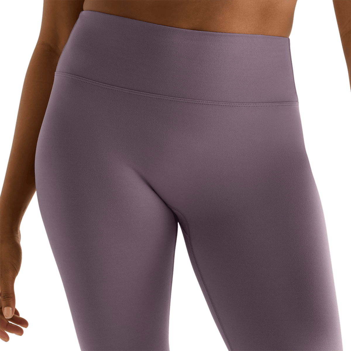 Women's Black Plum High-Rise Matte Tight 28" Front Detail Angle.