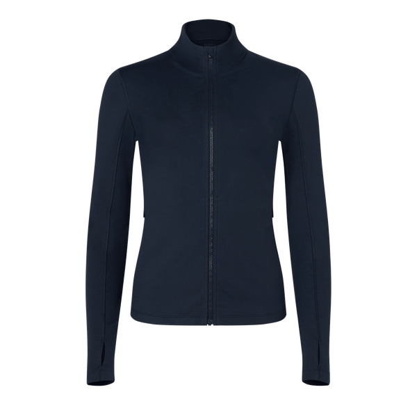 Women's Night Navy Matte Zip-Up Jacket Front Silhouette Angle.