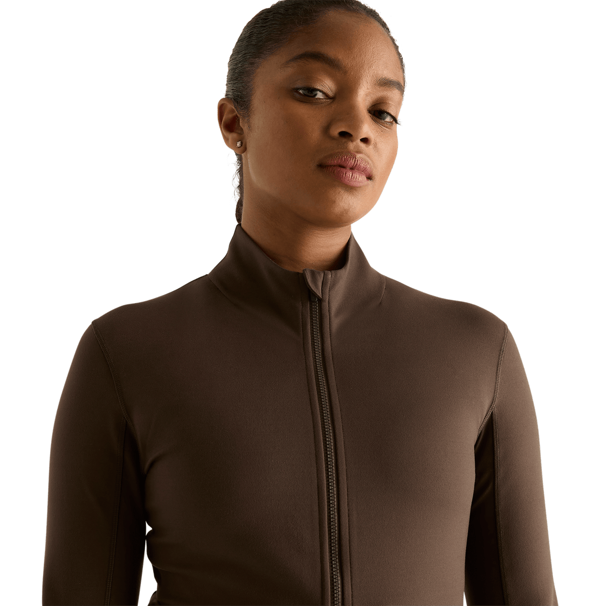 Women's Chocolate Matte Zip-Up Jacket Front Detail Angle.