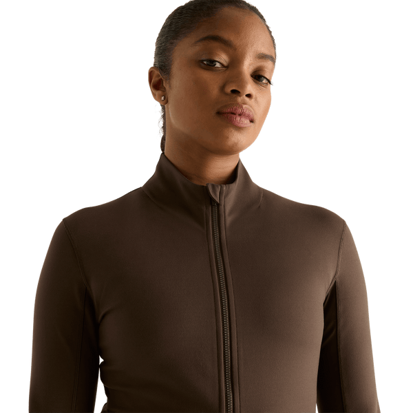 Women's Chocolate Matte Zip-Up Jacket Front Detail Angle.