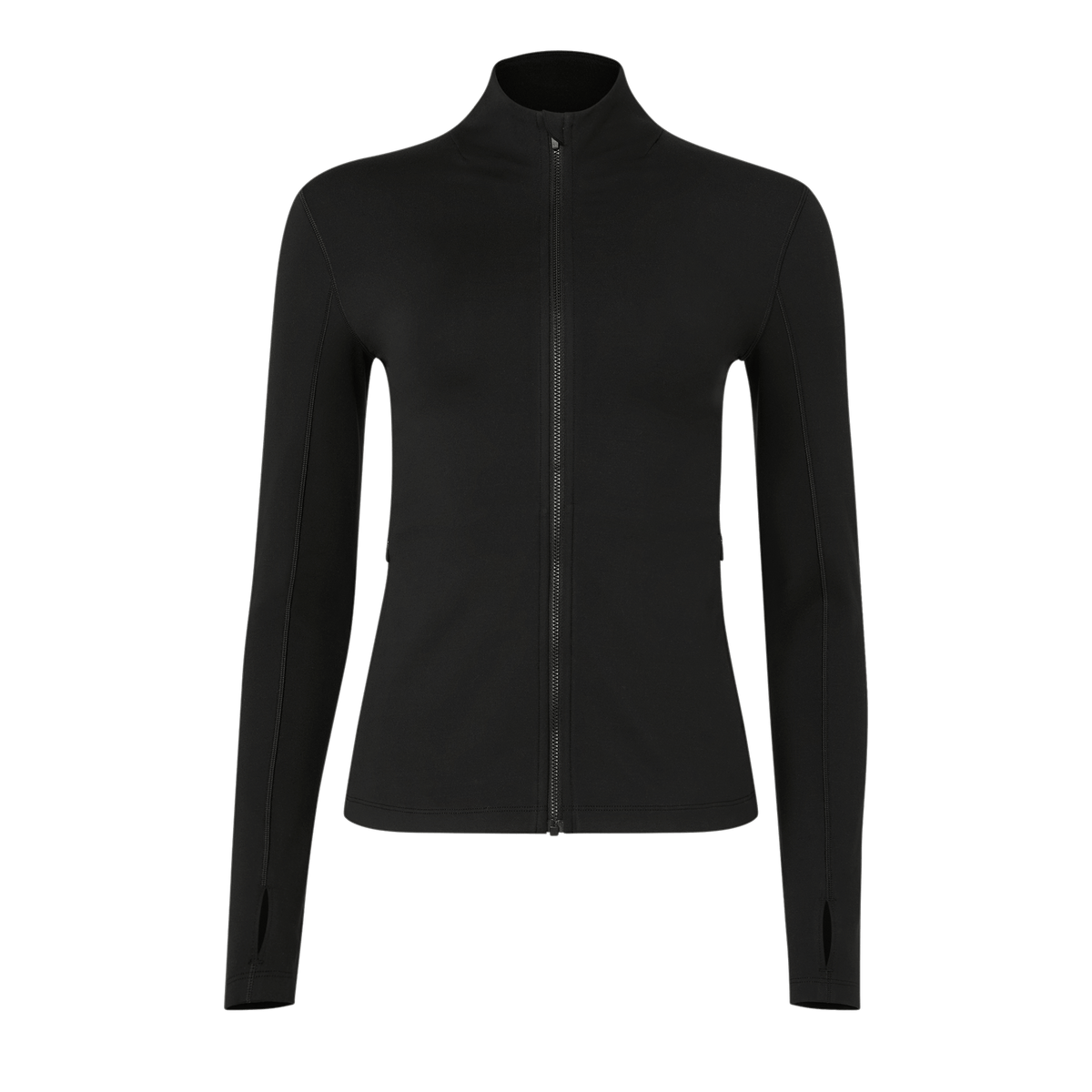 Women's Black Matte Zip-Up Jacket Front Silhouette Angle.