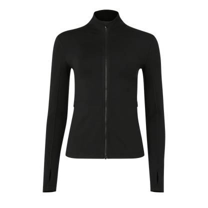 Women's Black Matte Zip-Up Jacket Front Silhouette Angle.