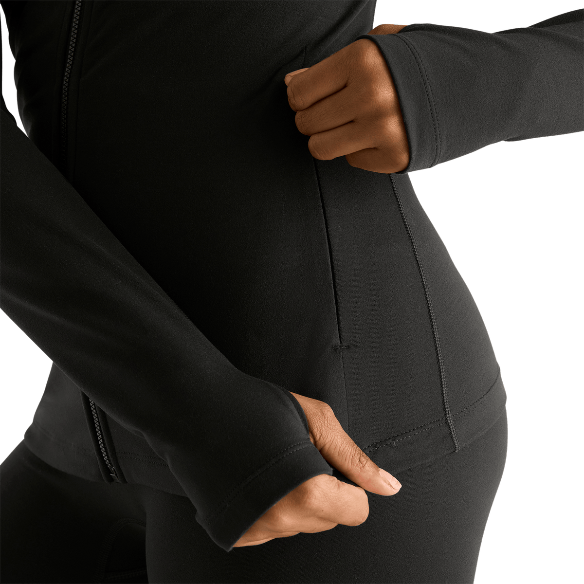 Women's Black Matte Zip-Up Jacket Pocket Detail Angle.