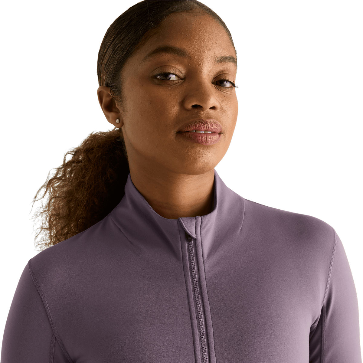 Women's Black Plum Matte Zip-Up Jacket Front Detail Angle.