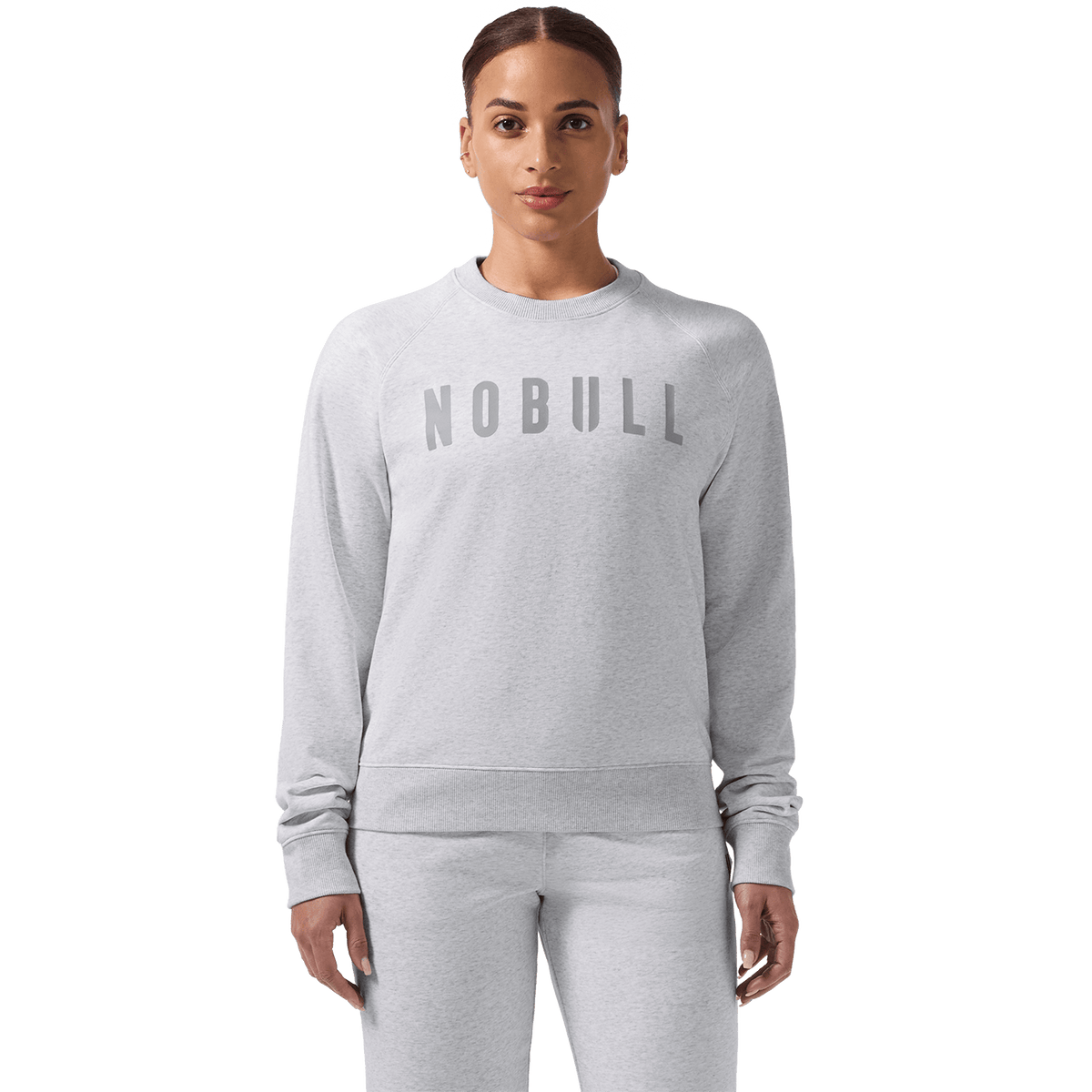 Women's Light Grey Heather NOBULL Crew Front On Body Angle.
