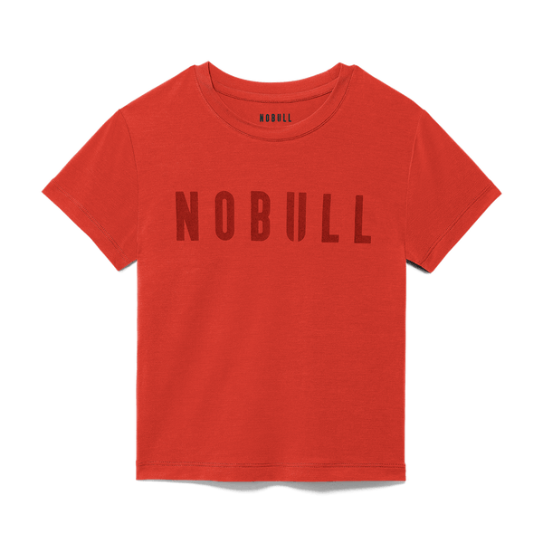 Women's Crimson NOBULL Fitted Tee Flat Lay Angle.