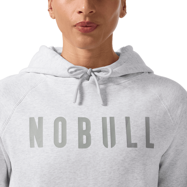 Women's Light Grey Heather NOBULL Hoodie Front Detail Angle.