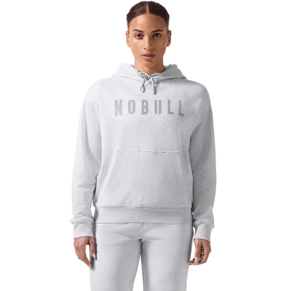 Women's Light Grey Heather NOBULL Hoodie Front on Body Angle.
