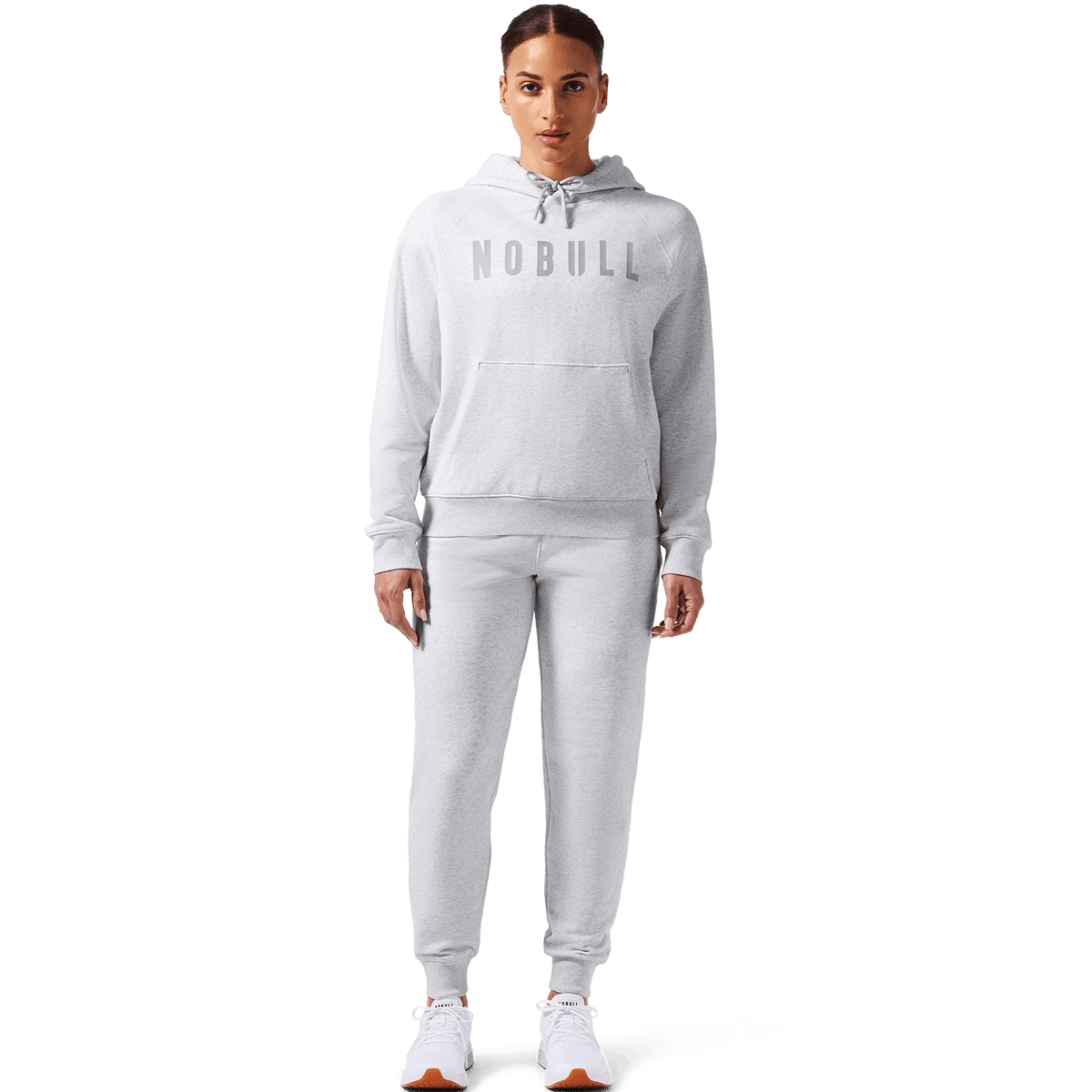 Women's Light Grey Heather NOBULL Jogger Full Front On Body Angle.