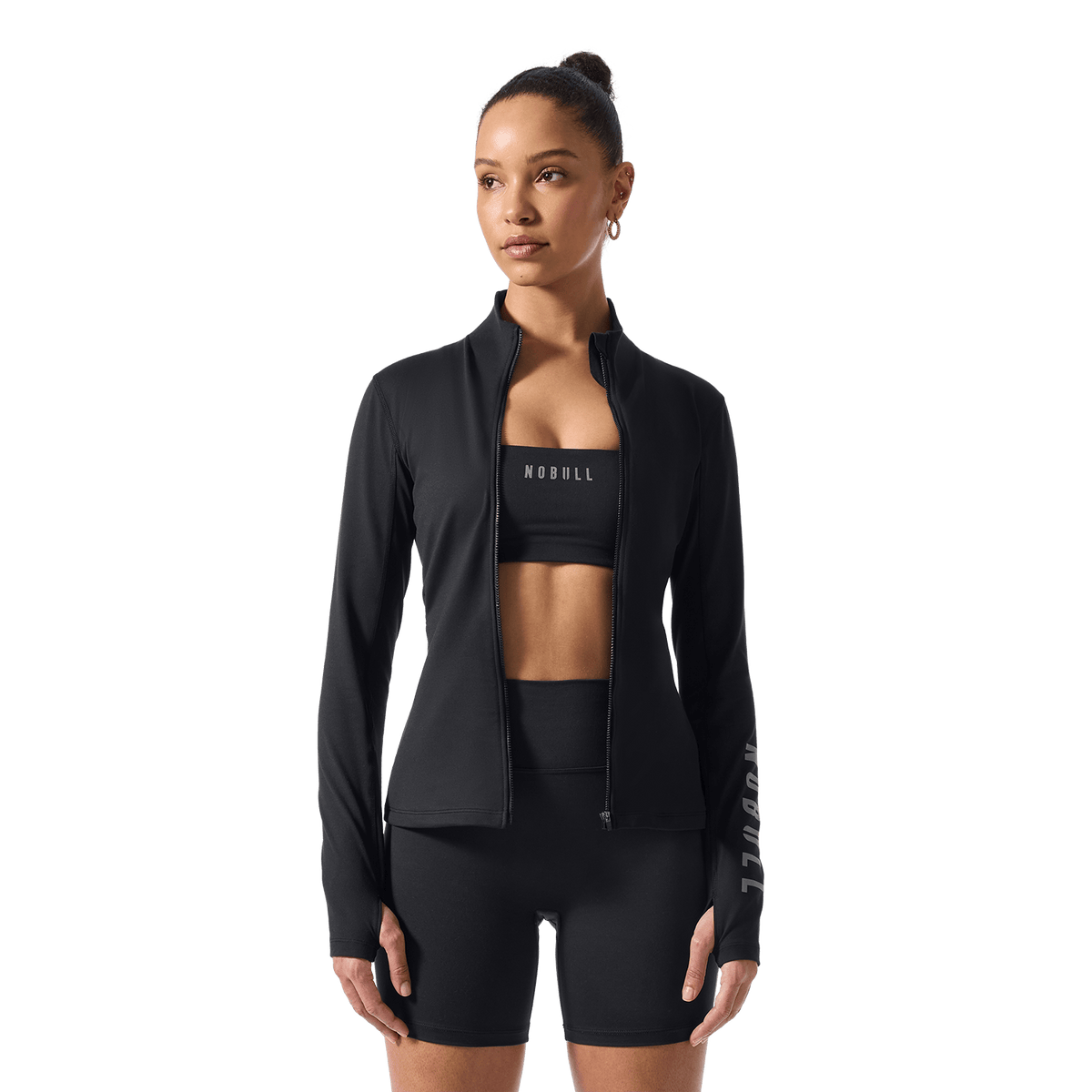 Women's Black NOBULL Matte Zip-Up Jacket Front On Body Angle.