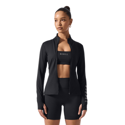 Women's Black NOBULL Matte Zip-Up Jacket Front On Body Angle.