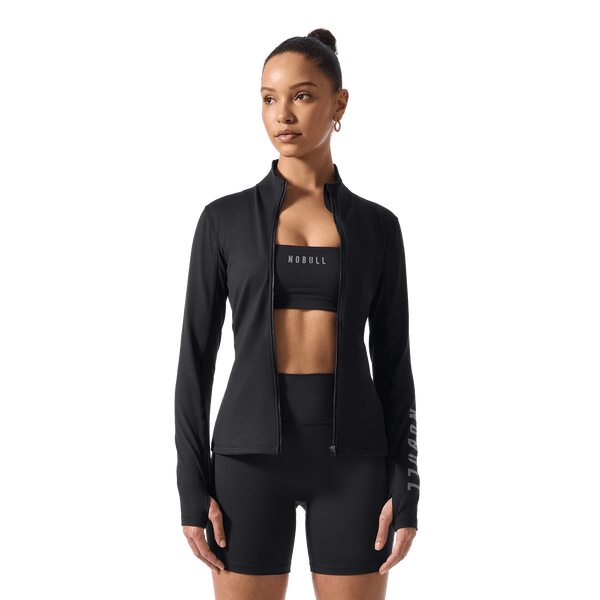 Women's Black NOBULL Matte Zip-Up Jacket Front On Body Angle.