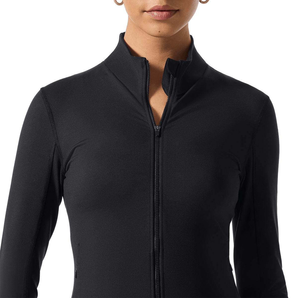 Women's Black NOBULL Matte Zip-Up Jacket Front Detail Angle.