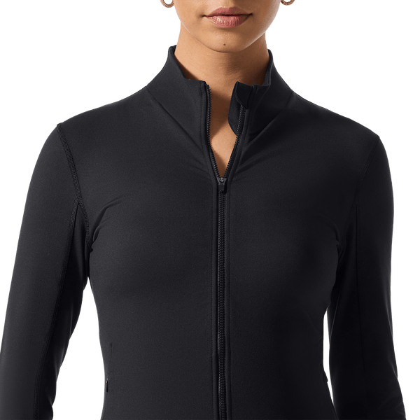 Women's Black NOBULL Matte Zip-Up Jacket Front Detail Angle.
