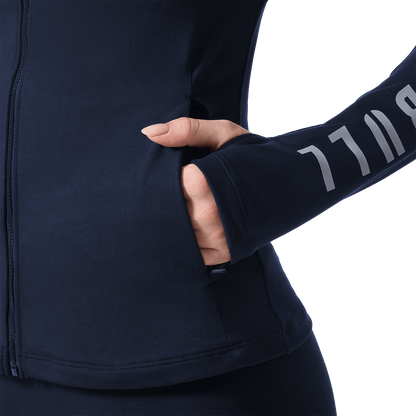 Women's Night Navy NOBULL Matte Zip-Up Jacket Pocket Detail Angle.