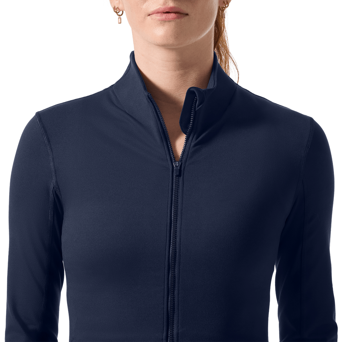 Women's Night Navy NOBULL Matte Zip-Up Jacket Front Detail Angle.