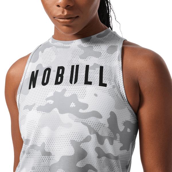 Women's Light Gray Camo NOBULL Muscle Tank Front Detail Angle.