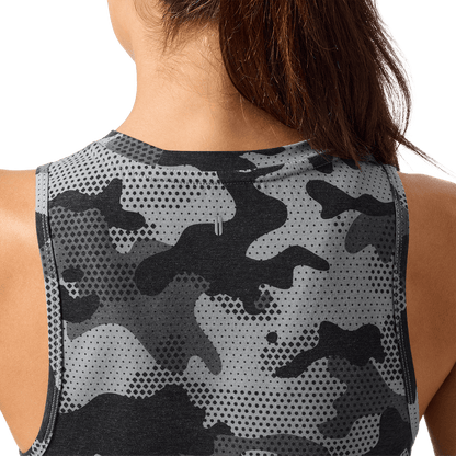 Women's Dark Gray Camo NOBULL Muscle Tank Back Detail Angle.