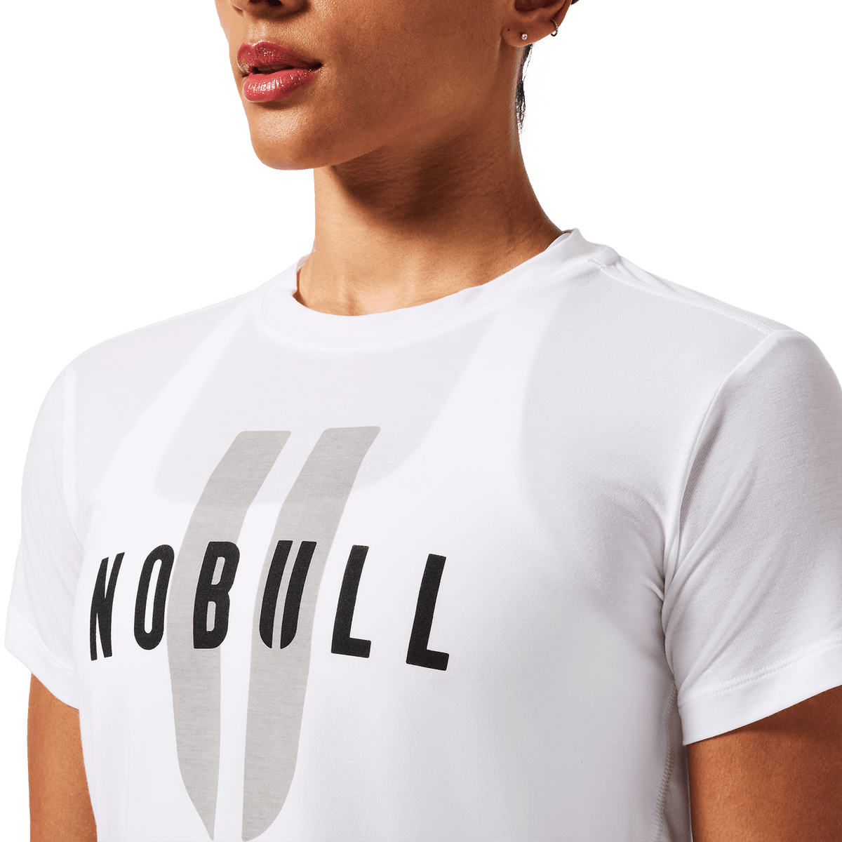 Women's White NOBULL U Boxy Tee Front Detail Angle.