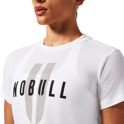 Women's White NOBULL U Boxy Tee Front Detail Angle.