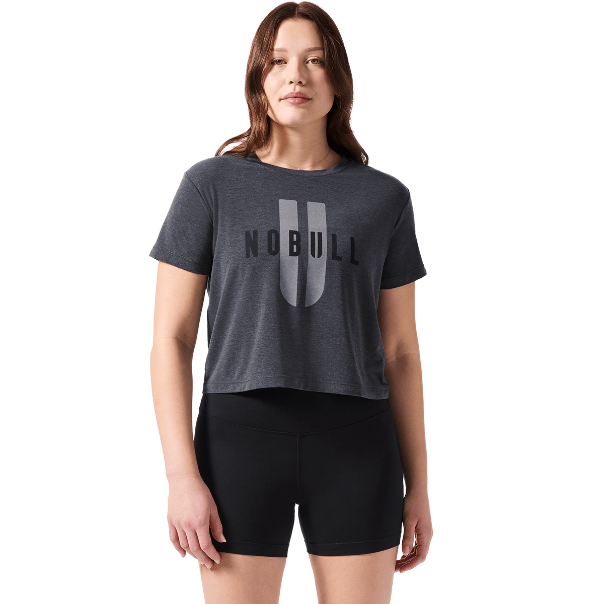 Women's Charcoal Heather NOBULL U Boxy Tee Front Angle.