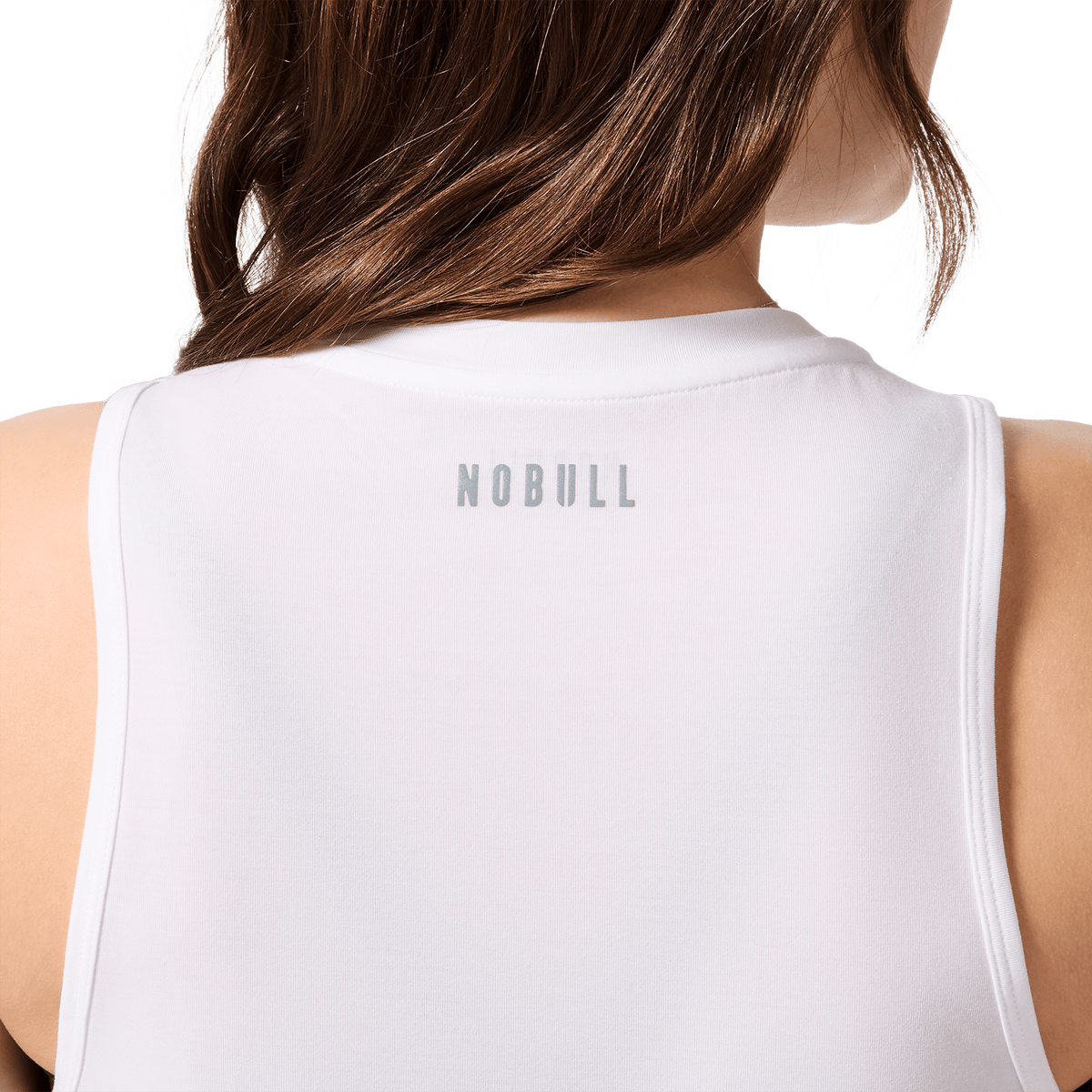 Women's White NOBULL U Muscle Tank Back Detail Angle.