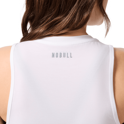 Women's White NOBULL U Muscle Tank Back Detail Angle.