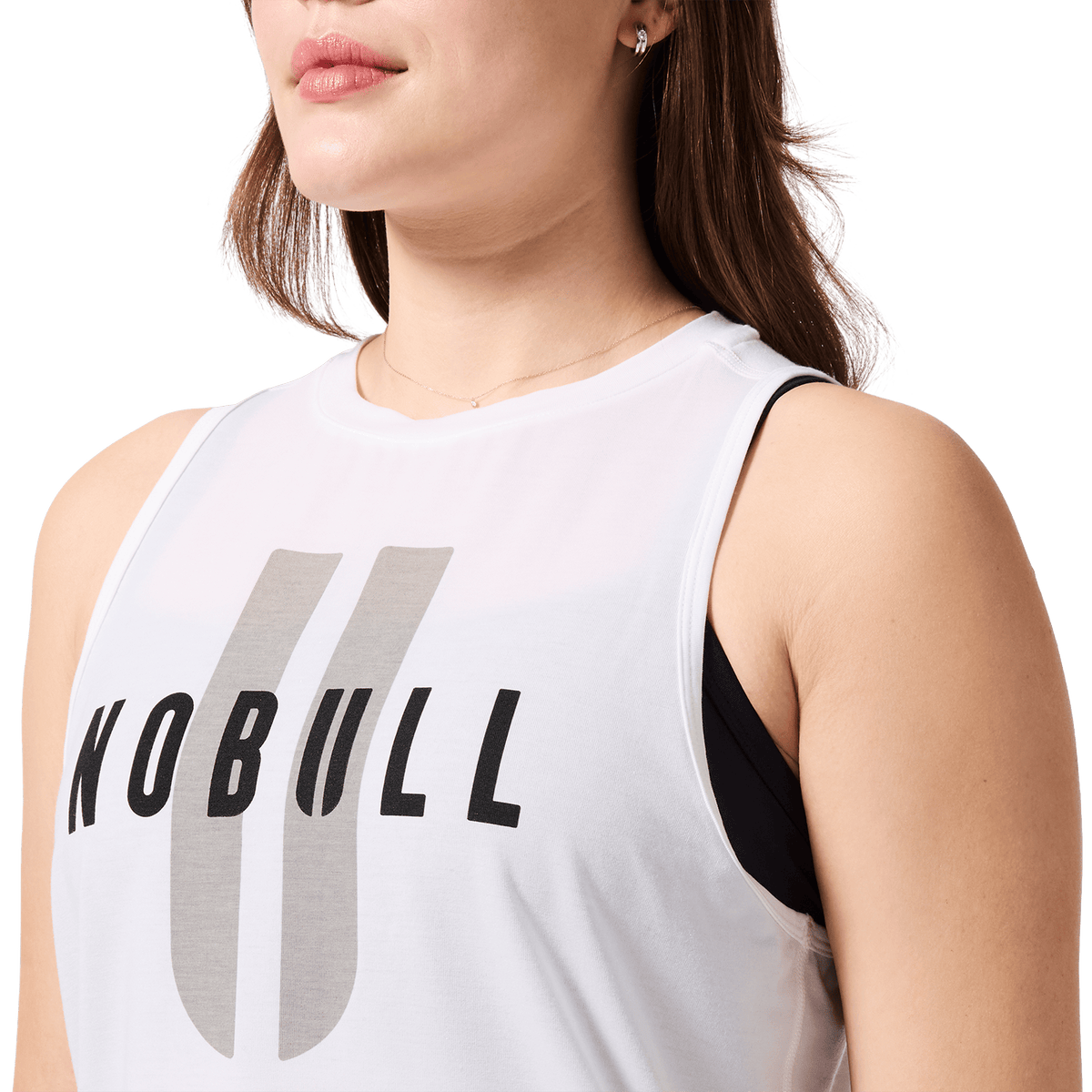 Women's White NOBULL U Muscle Tank Front Detail Angle.