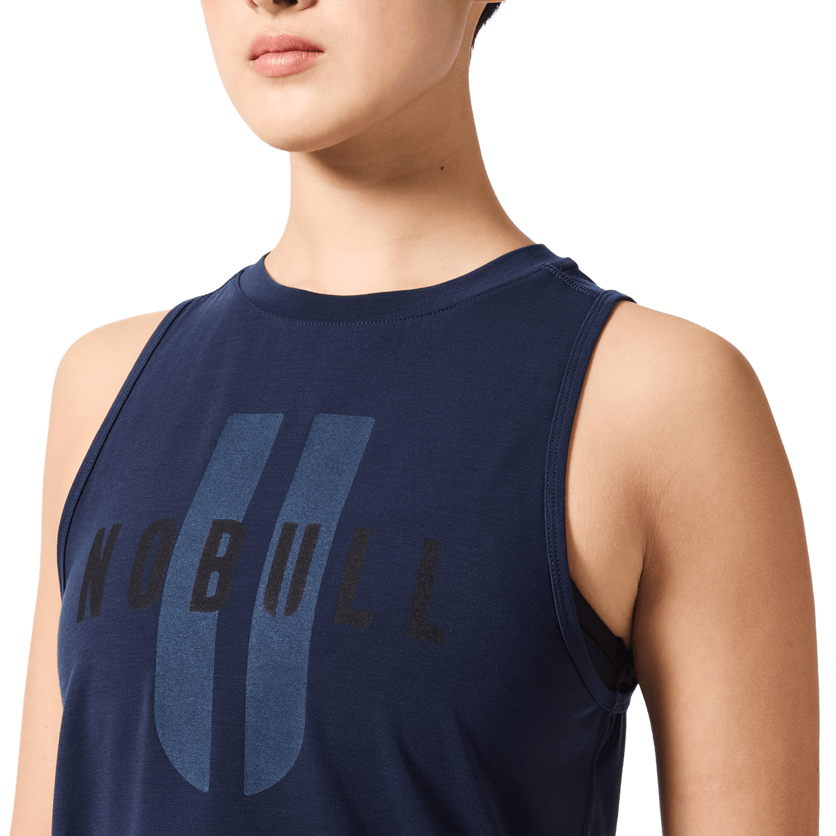 Women's Night Navy NOBULL U Muscle Tank Front Detail Angle.