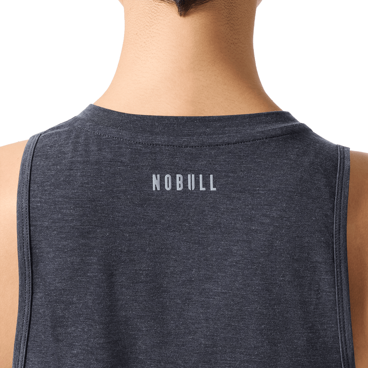 Women's Charcoal Heather NOBULL U Muscle Tank Back Detail Angle.