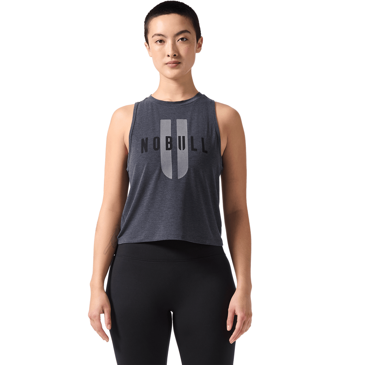 Women's Charcoal Heather NOBULL U Muscle Tank Front Angle.