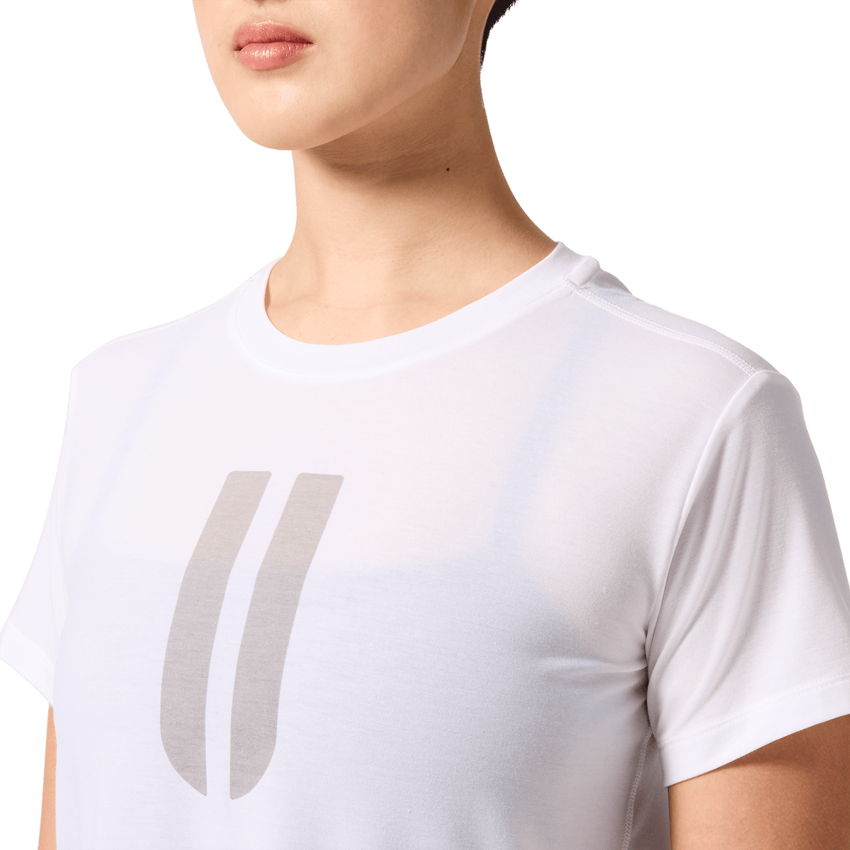 Women's White U Boxy Tee Front Detail Angle.