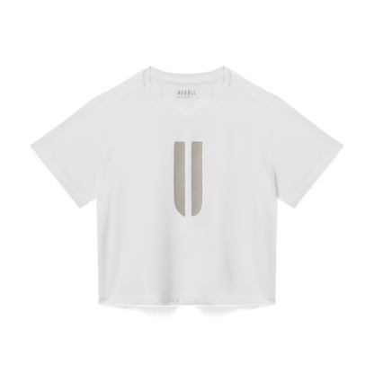 Women's White U Boxy Tee Flat Lay Angle.