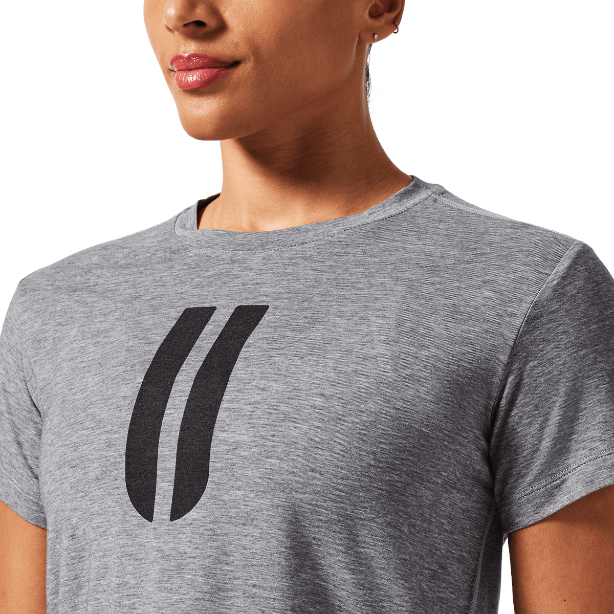 Women's Heather Grey U Boxy Tee Front Detail Angle.