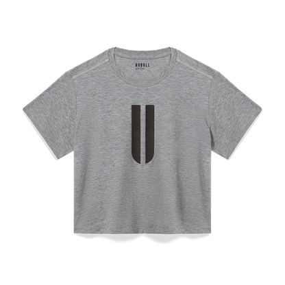 Women's Heather Grey U Boxy Tee Flat Lay Angle.