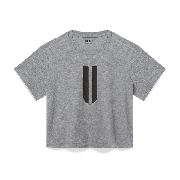 Women's Heather Grey U Boxy Tee Flat Lay Angle.